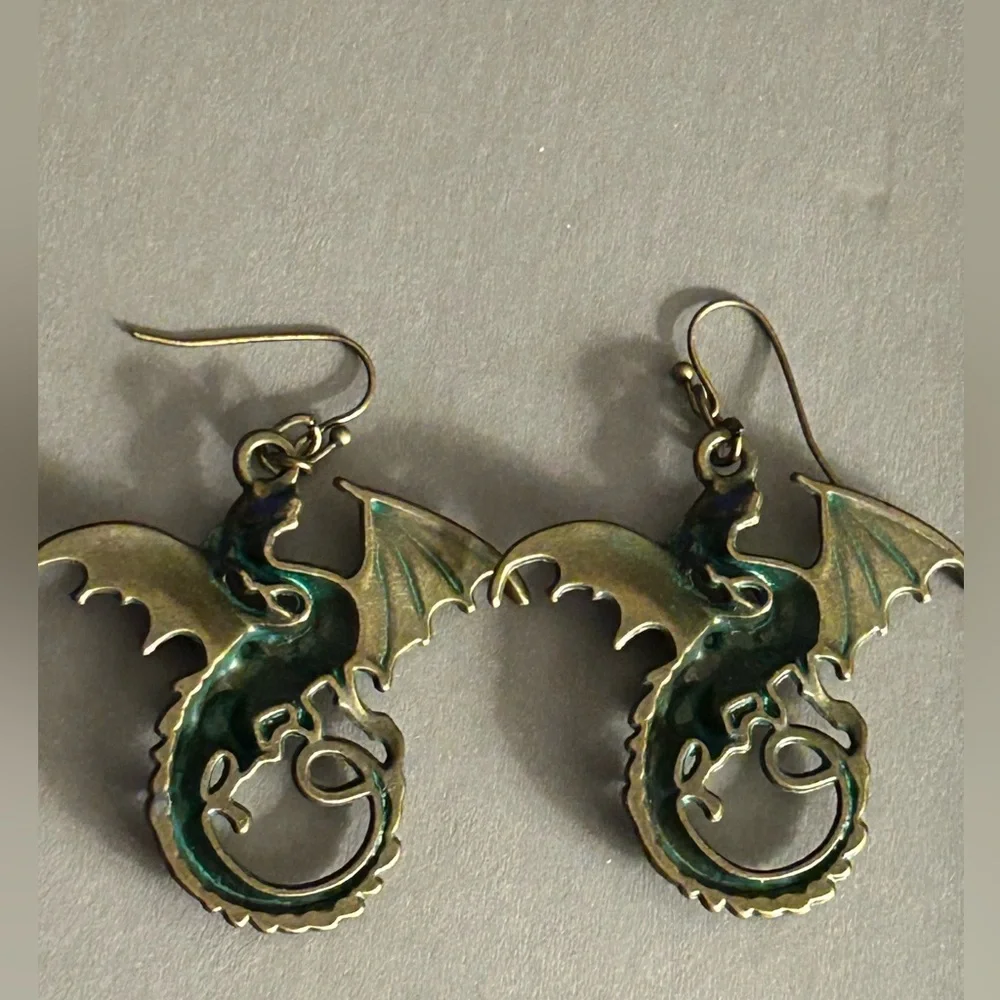Earrings Gothic flying Dragons in Brass w Green Verdigris finish pierced, drop